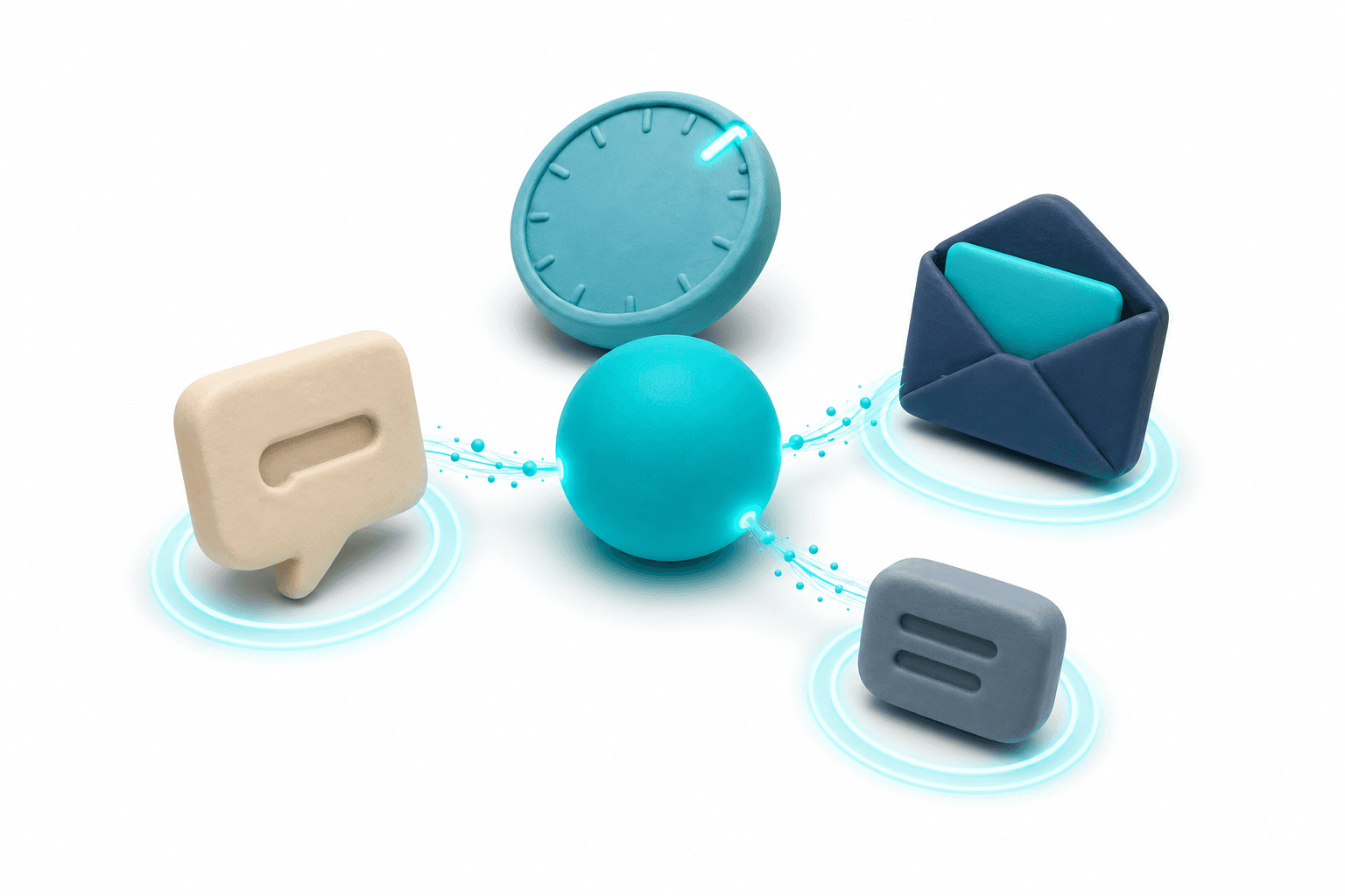 Three messaging channels fire synchronized cyan pulses from a central cadence-orchestrator — the same multichannel sequence runs across chat, email and SMS b...