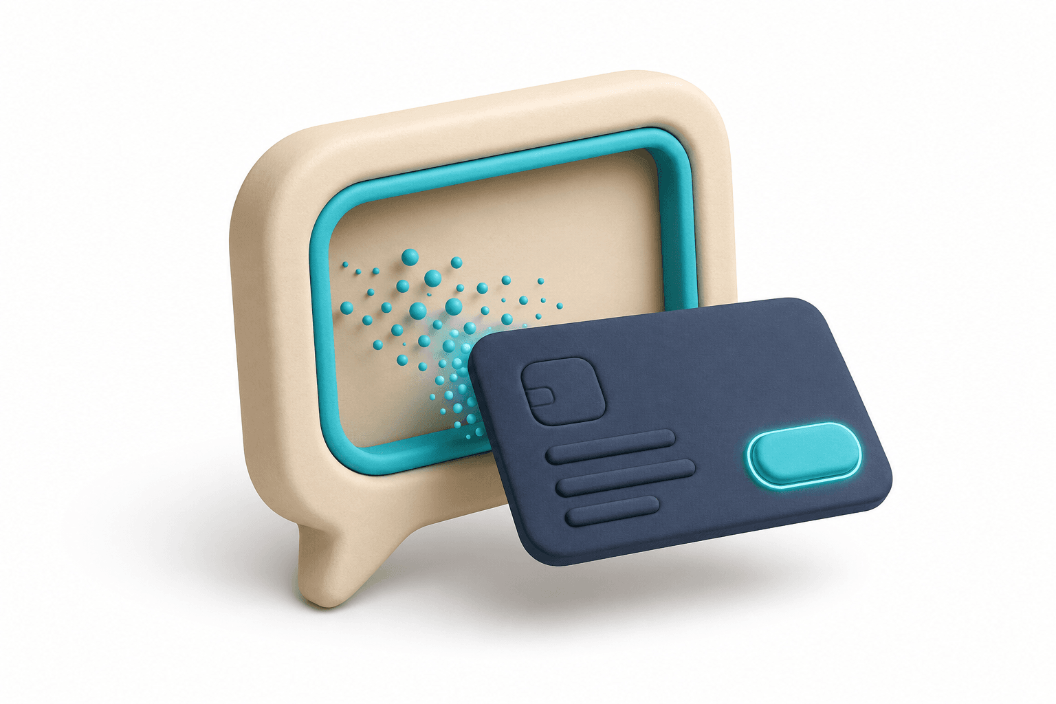 The reminder message converts directly into a settlement path — a large clay chat-bubble holds an embedded payment-card whose pay-button glows cyan.