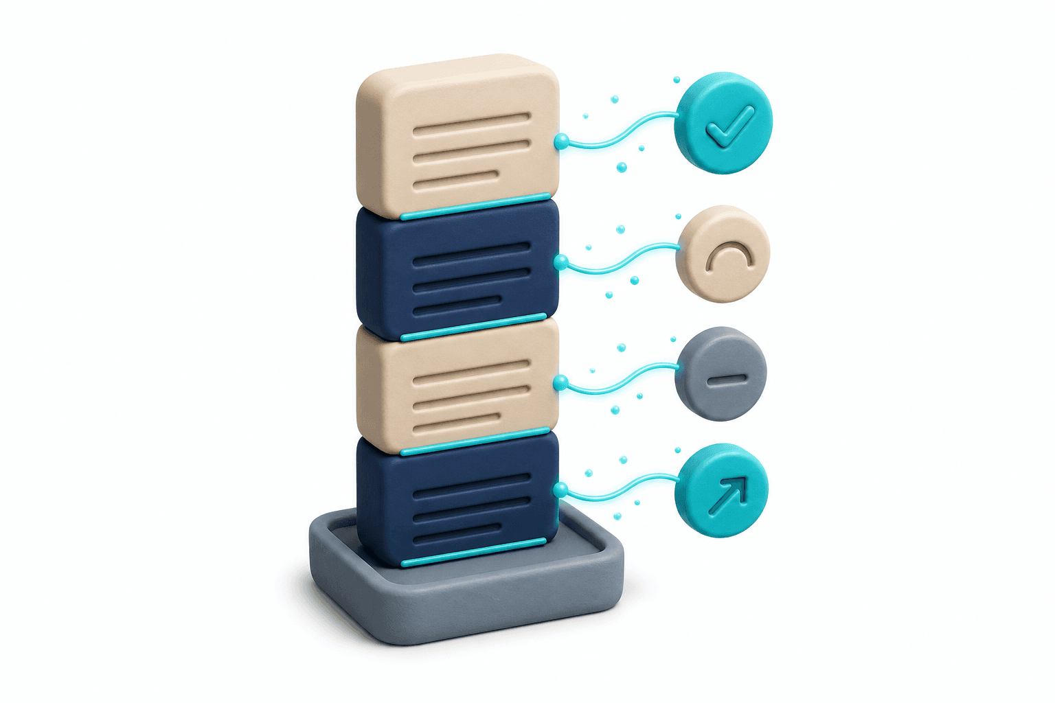 Every interaction logs into one auditable layer — a tall clay ledger column holds four stacked record-tiles, each with its own status indicator.