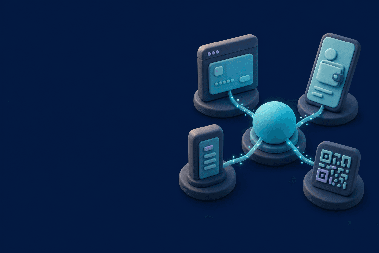 A single soft-clay payment layer orchestrates four local payment surfaces that orbit a luminous cyan hub.